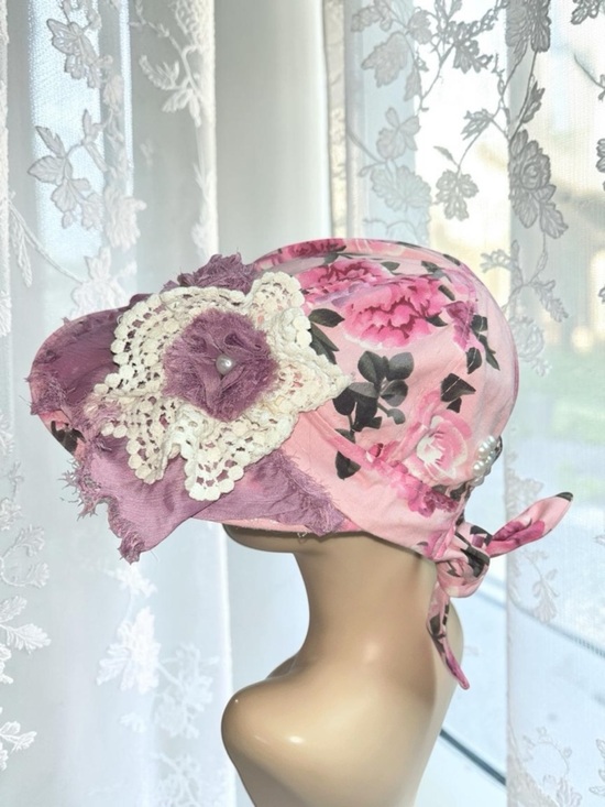Floral Wide Brim Hat Pink Purple Lace Appliqués Shabby Chic Boho Women OS new main image 5